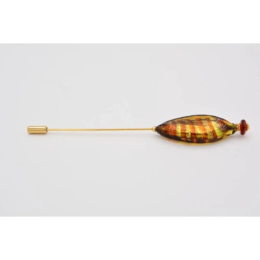 Vintage Murano Glass Stick Pin Gold Tone Artisan Blown Yellow Brown Amber BinAT